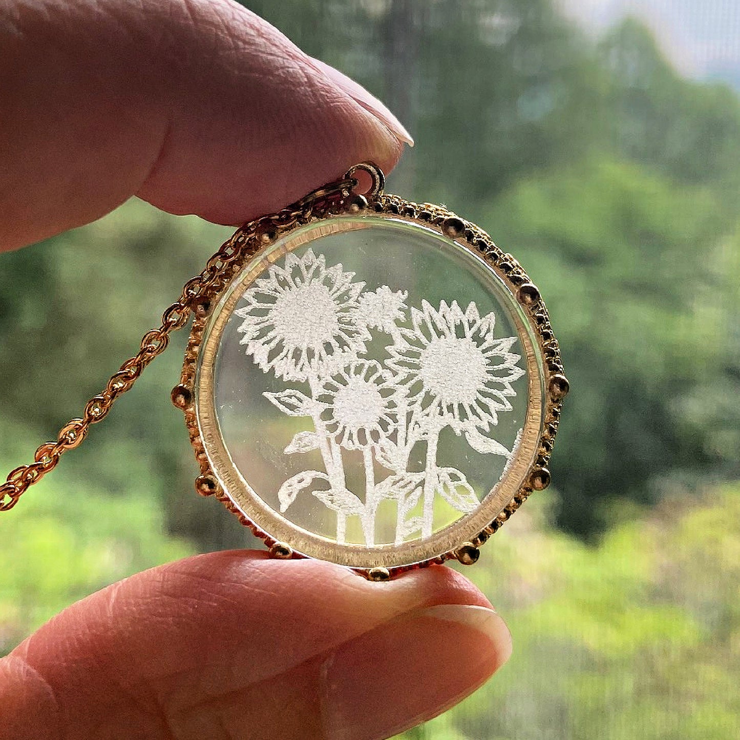 Gold Sunflower Etched Glass Necklace