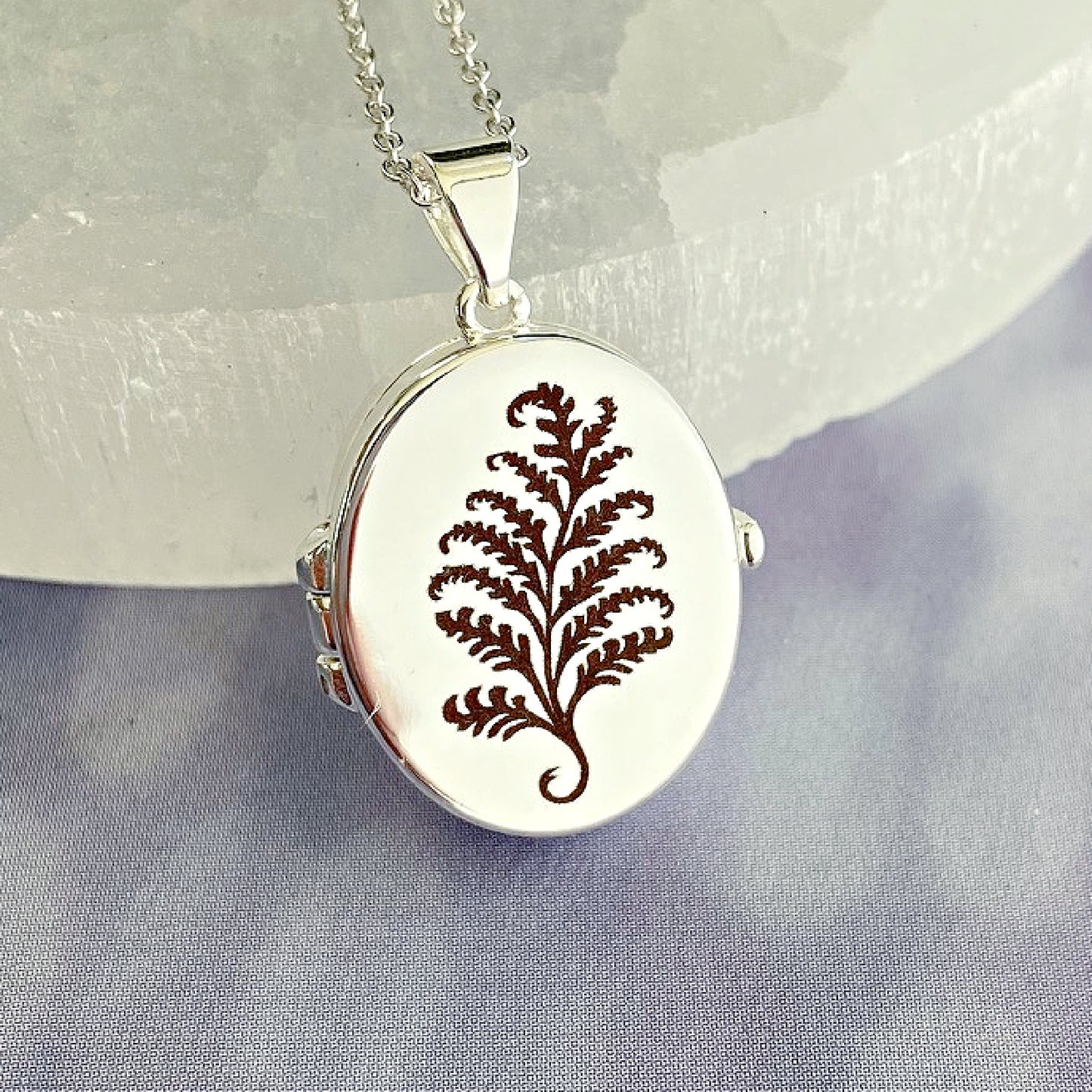 Silver Oval Locket, Fern Leaf