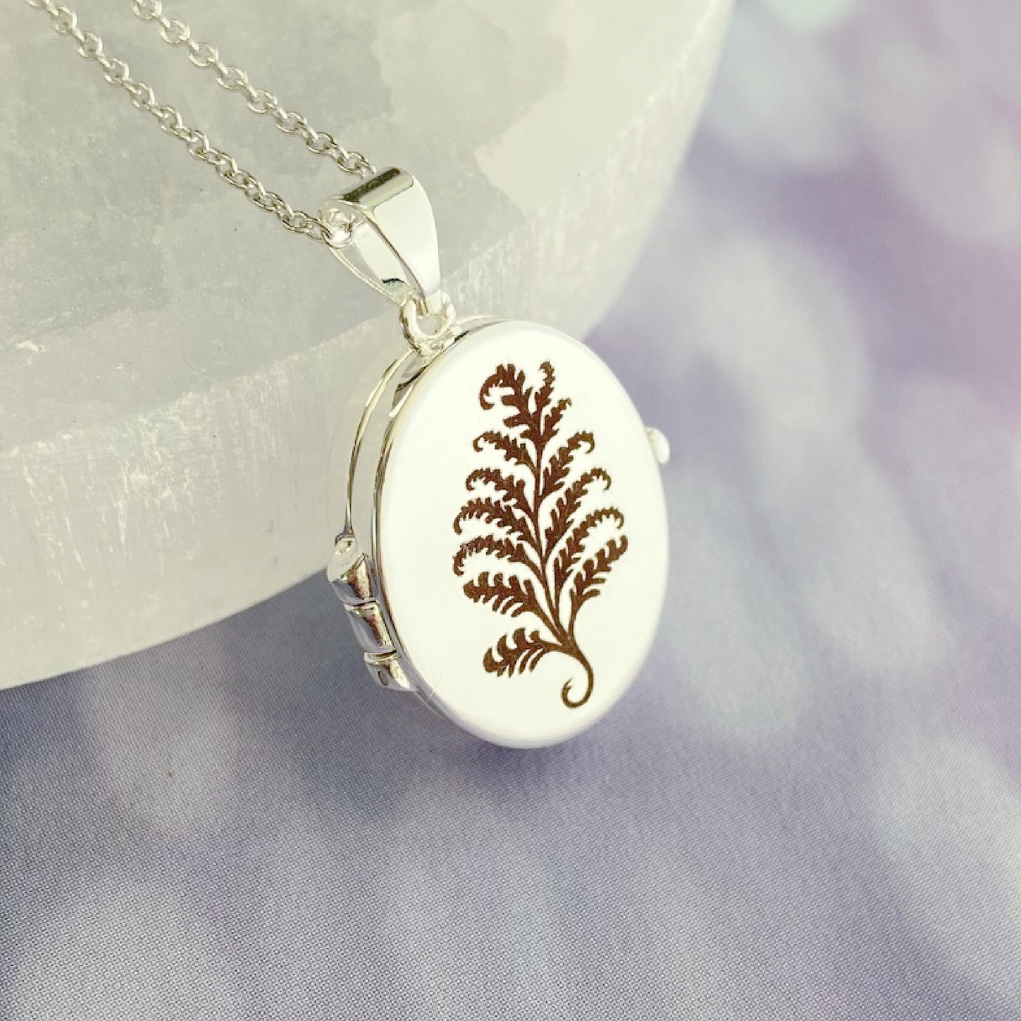 Silver Oval Locket, Fern Leaf
