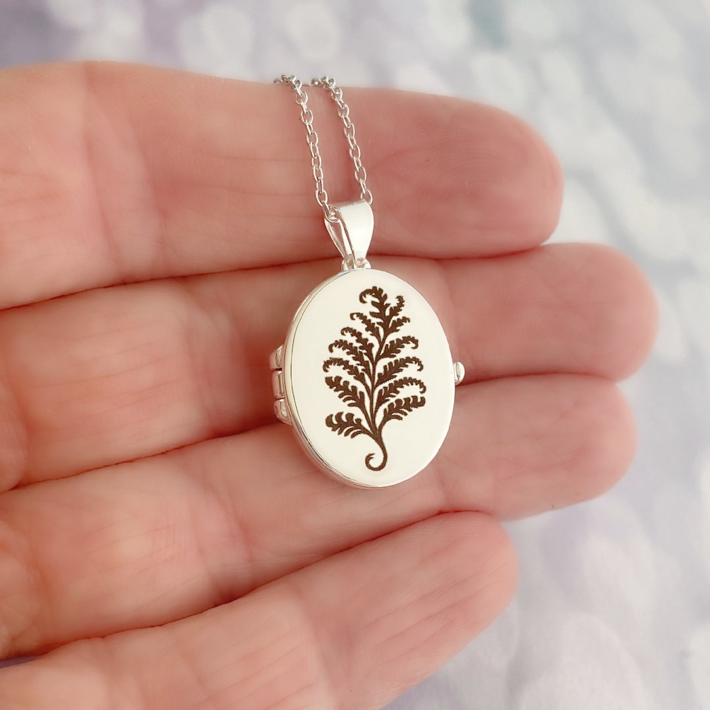 Silver Oval Locket, Fern Leaf