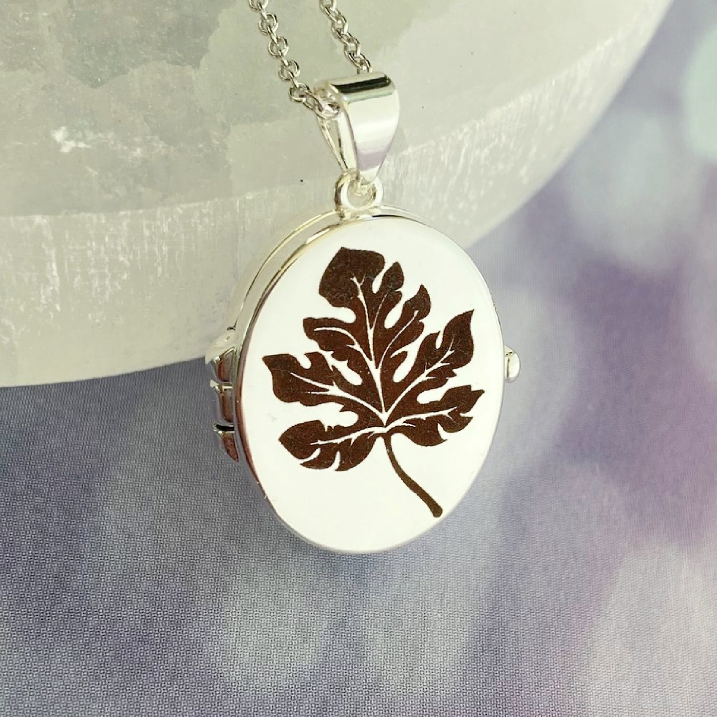 Silver Oval Locket, Oak Leaf