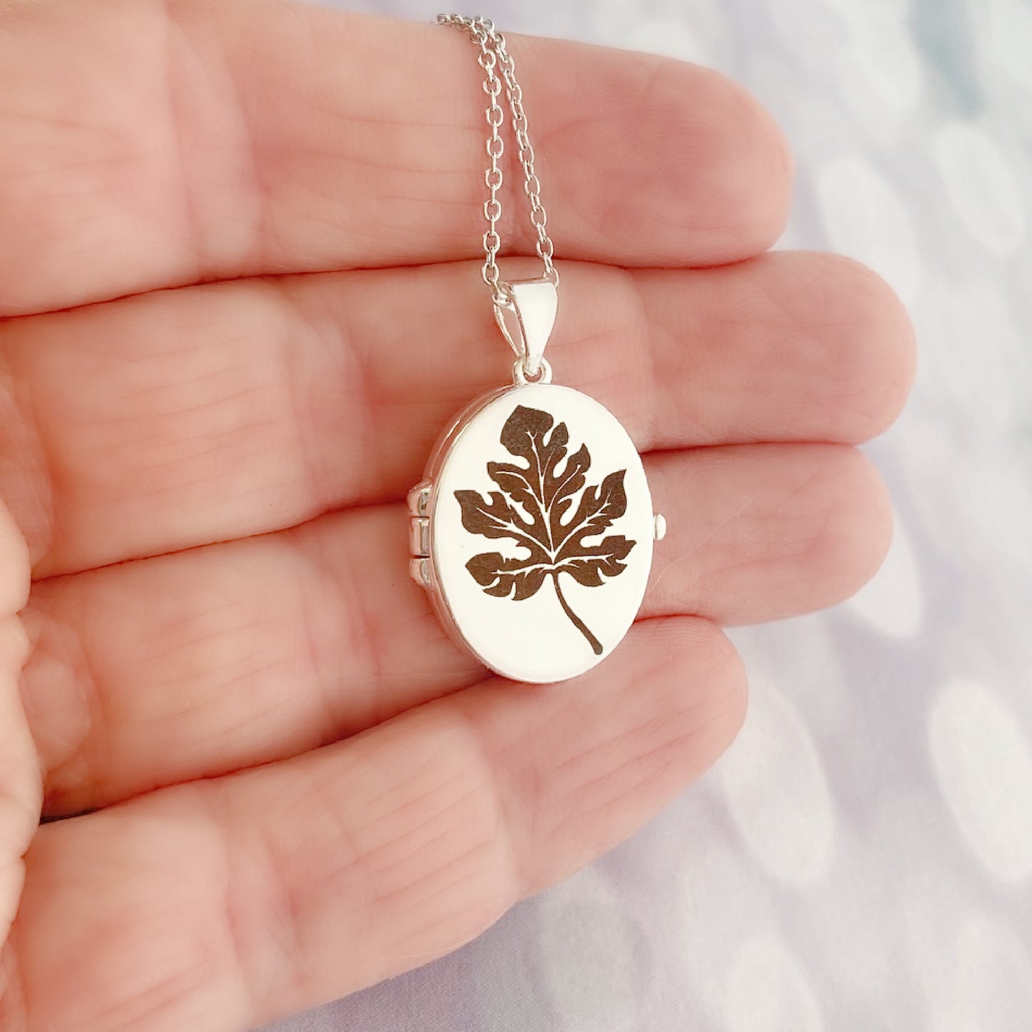 Silver Oval Locket, Oak Leaf