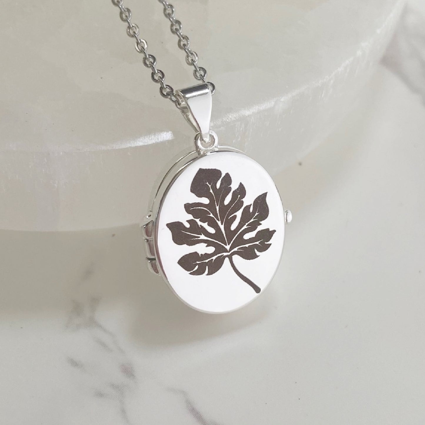 Silver Oval Locket, Oak Leaf