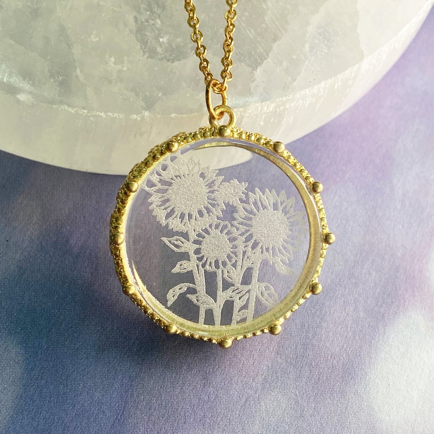 Gold Sunflower Etched Glass Necklace