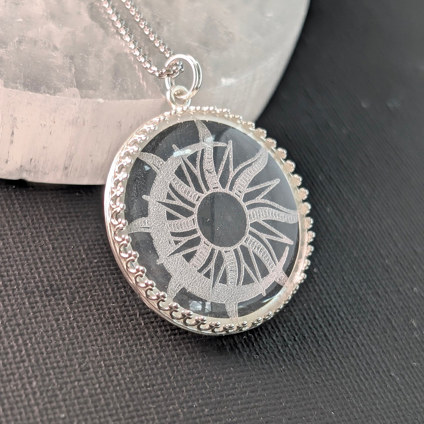 glass pendant necklace, etched glass jewelry, sun and moon pendant