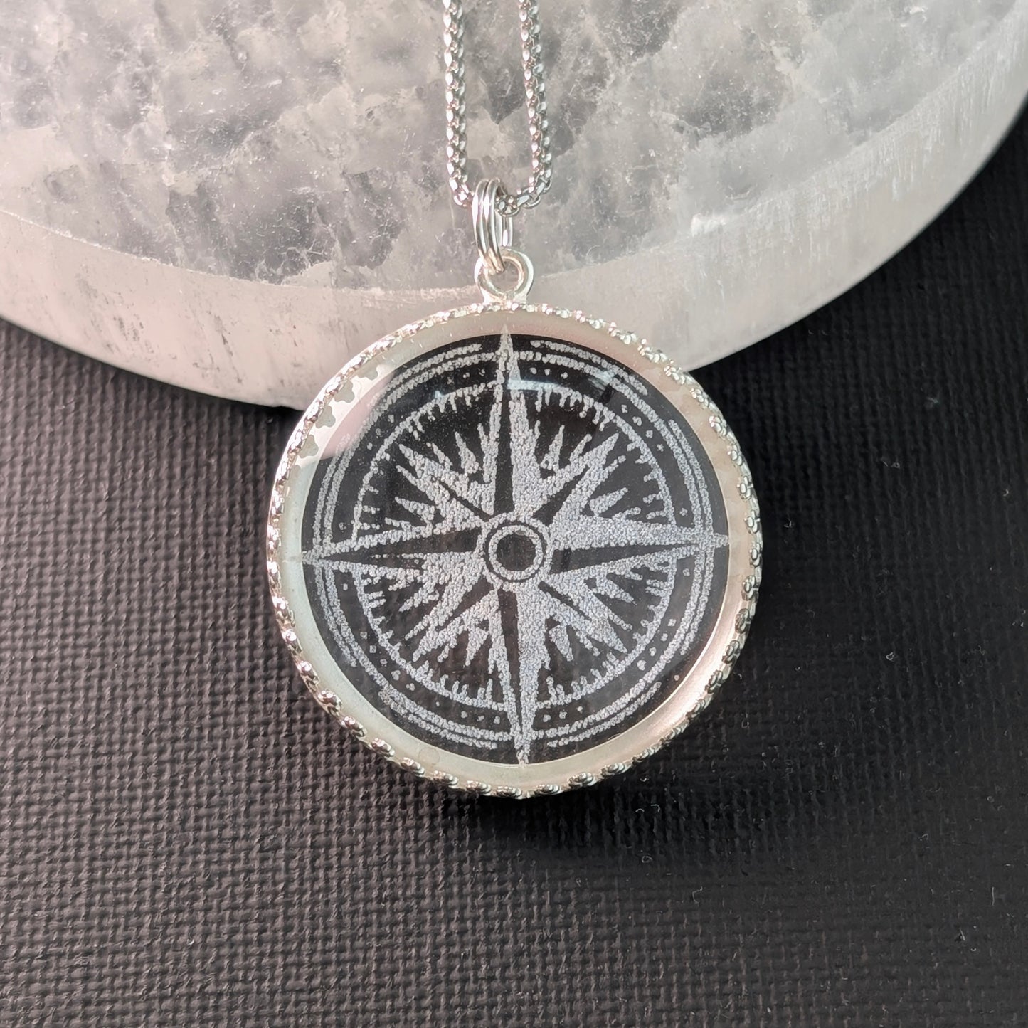 Compass Rose Etched Glass Necklace