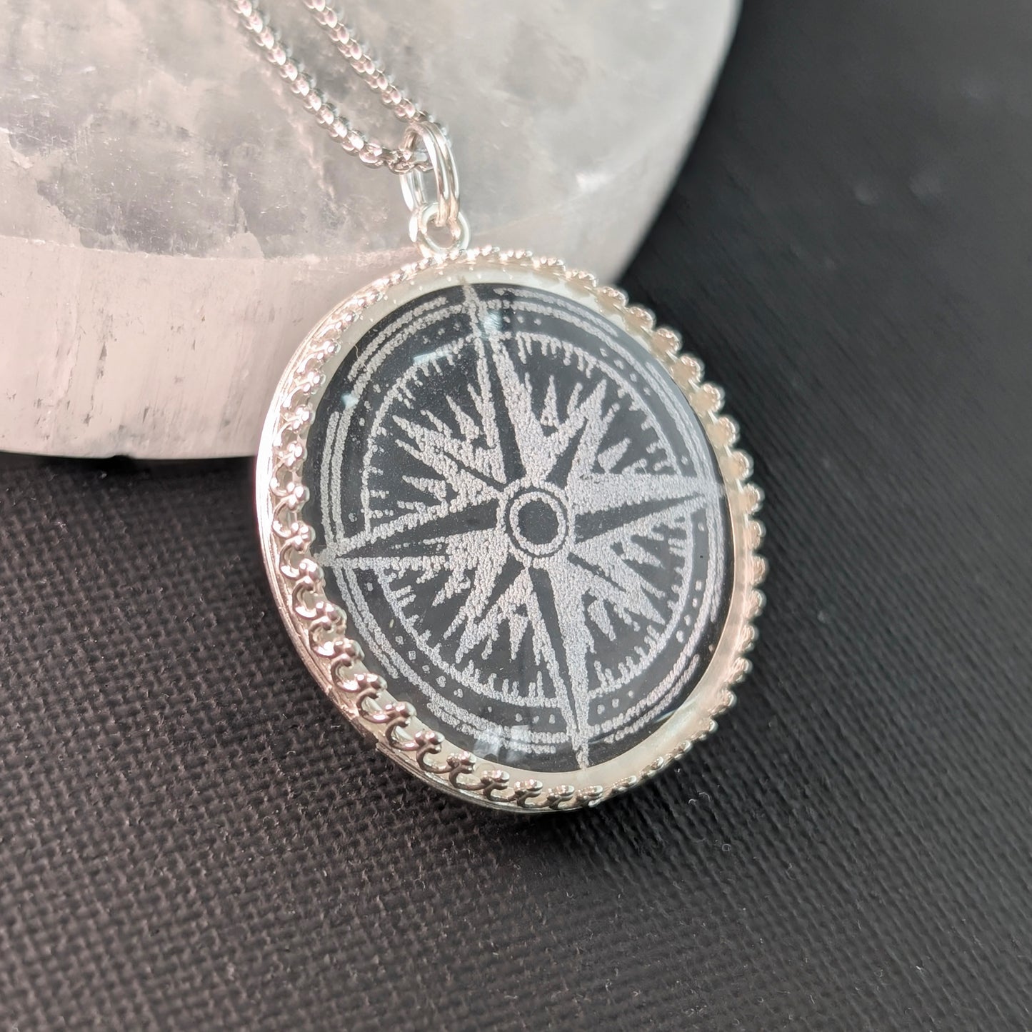 Compass Rose Etched Glass Necklace