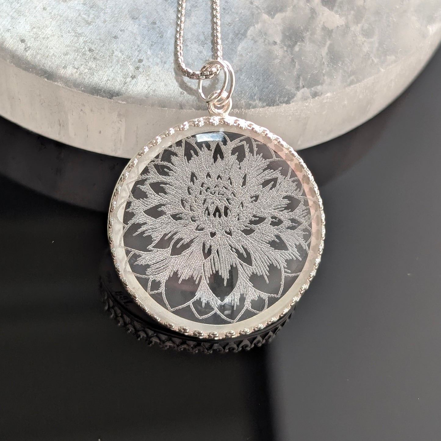 mum pendant, etched glass flower necklace