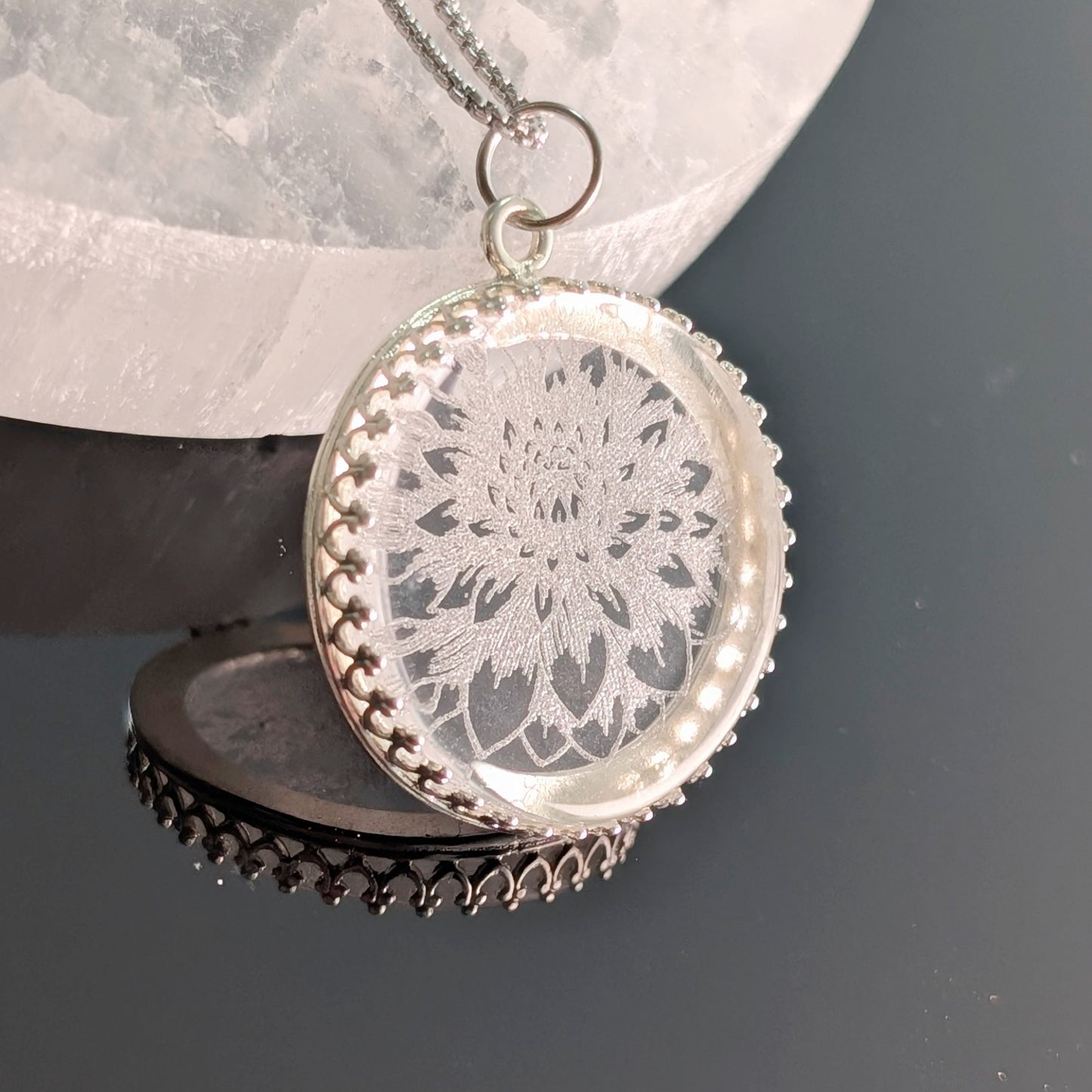 Dahlia Flower Etched Glass Necklace