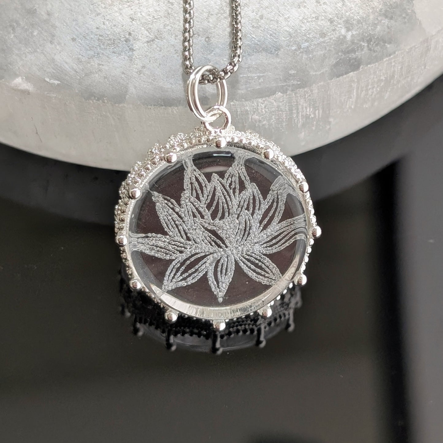 lotus flower pendant, etched glass necklace