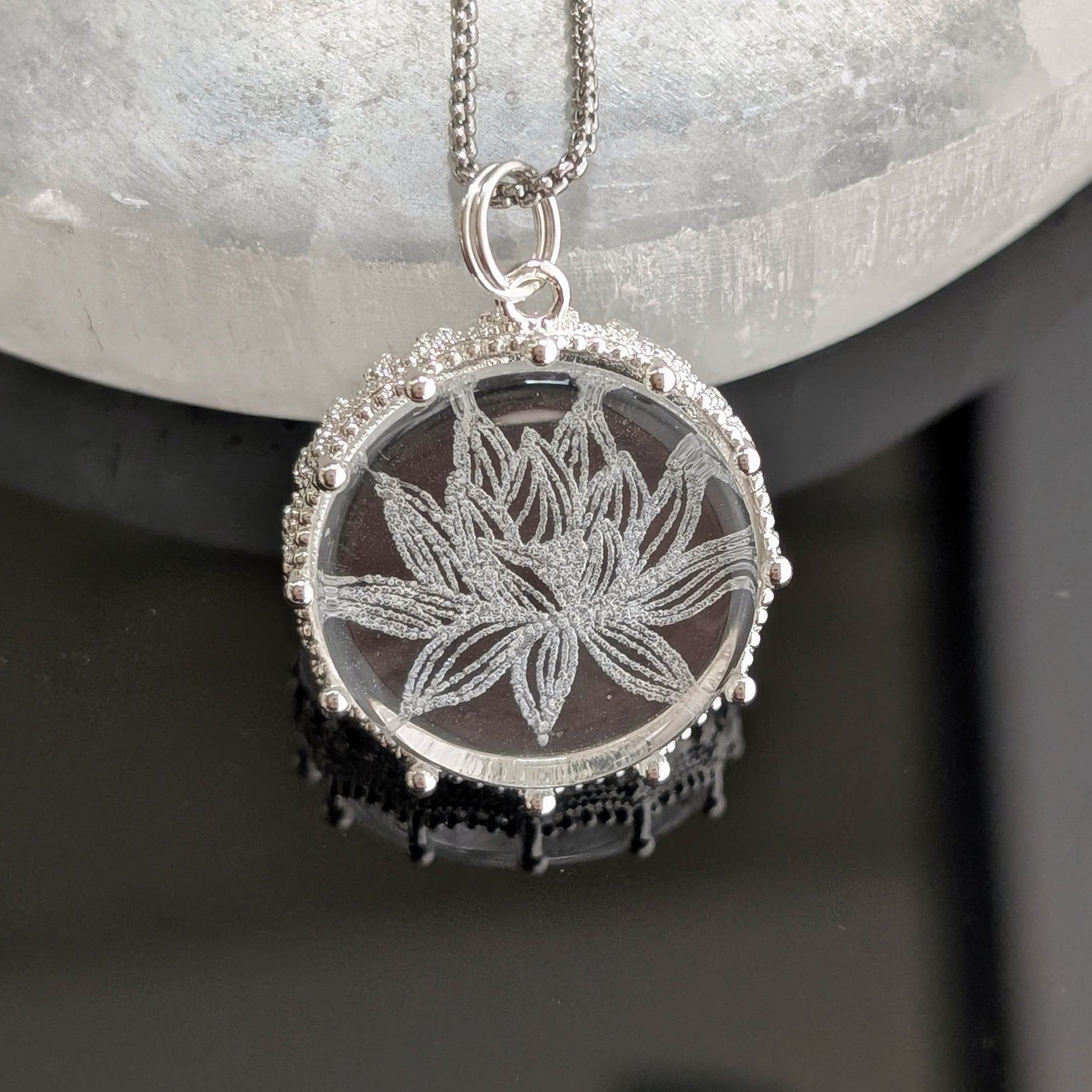 lotus flower pendant, etched glass necklace