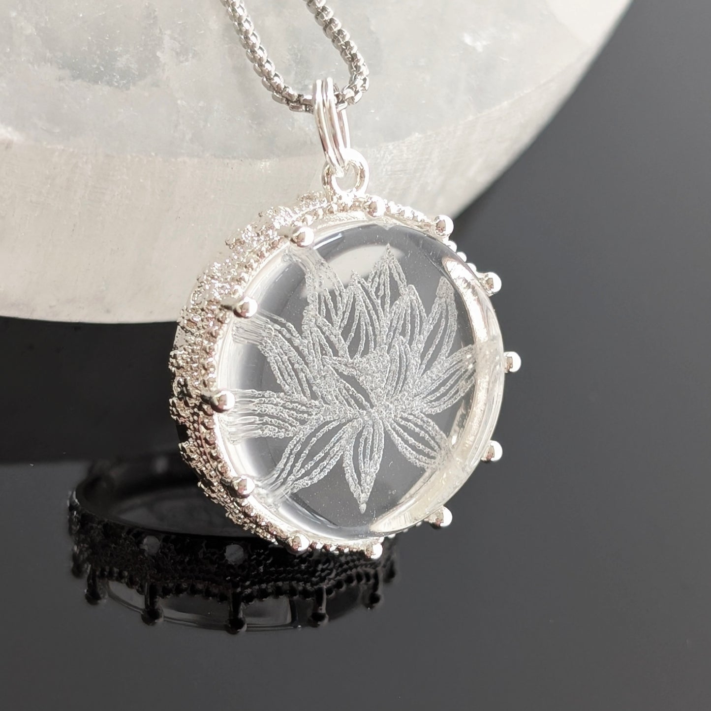 Glass Lotus Flower Necklace, silver setting