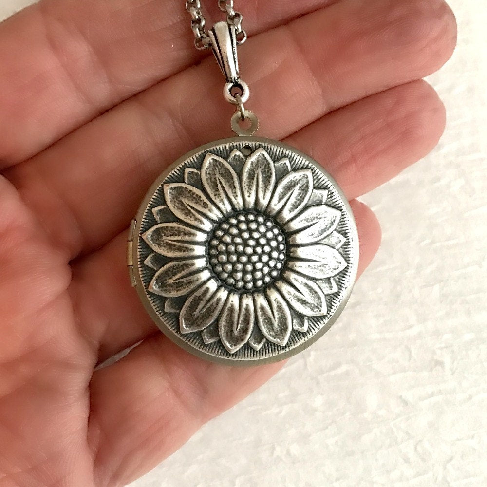 Silver Sunflower Locket Necklace