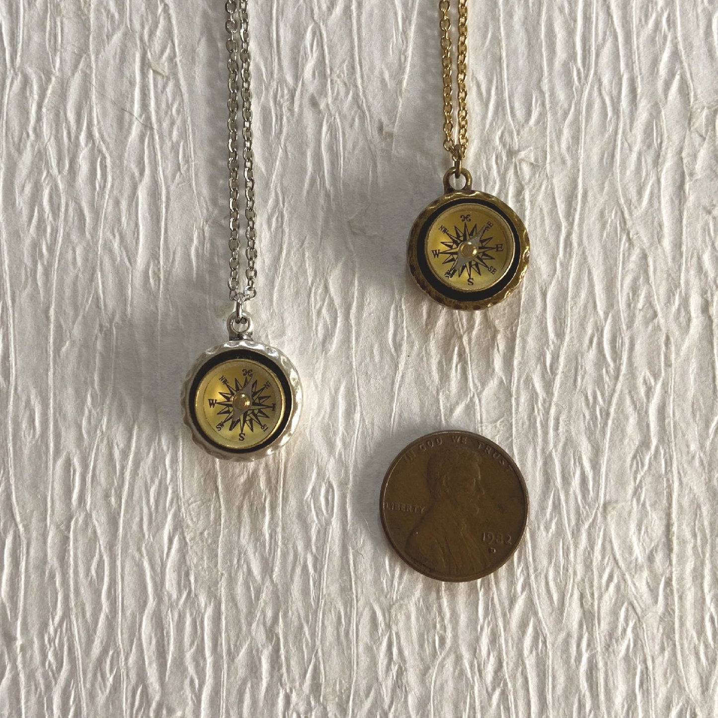 Small Hammered Working Compass Necklace, silver or gold