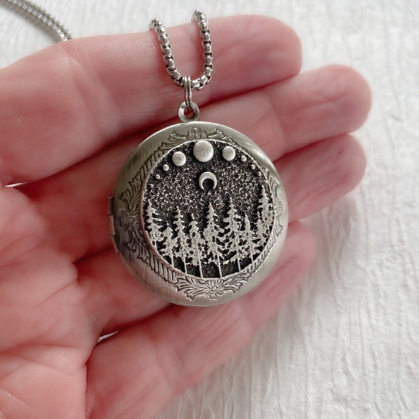 Silver Moonlit Trees Locket Necklace