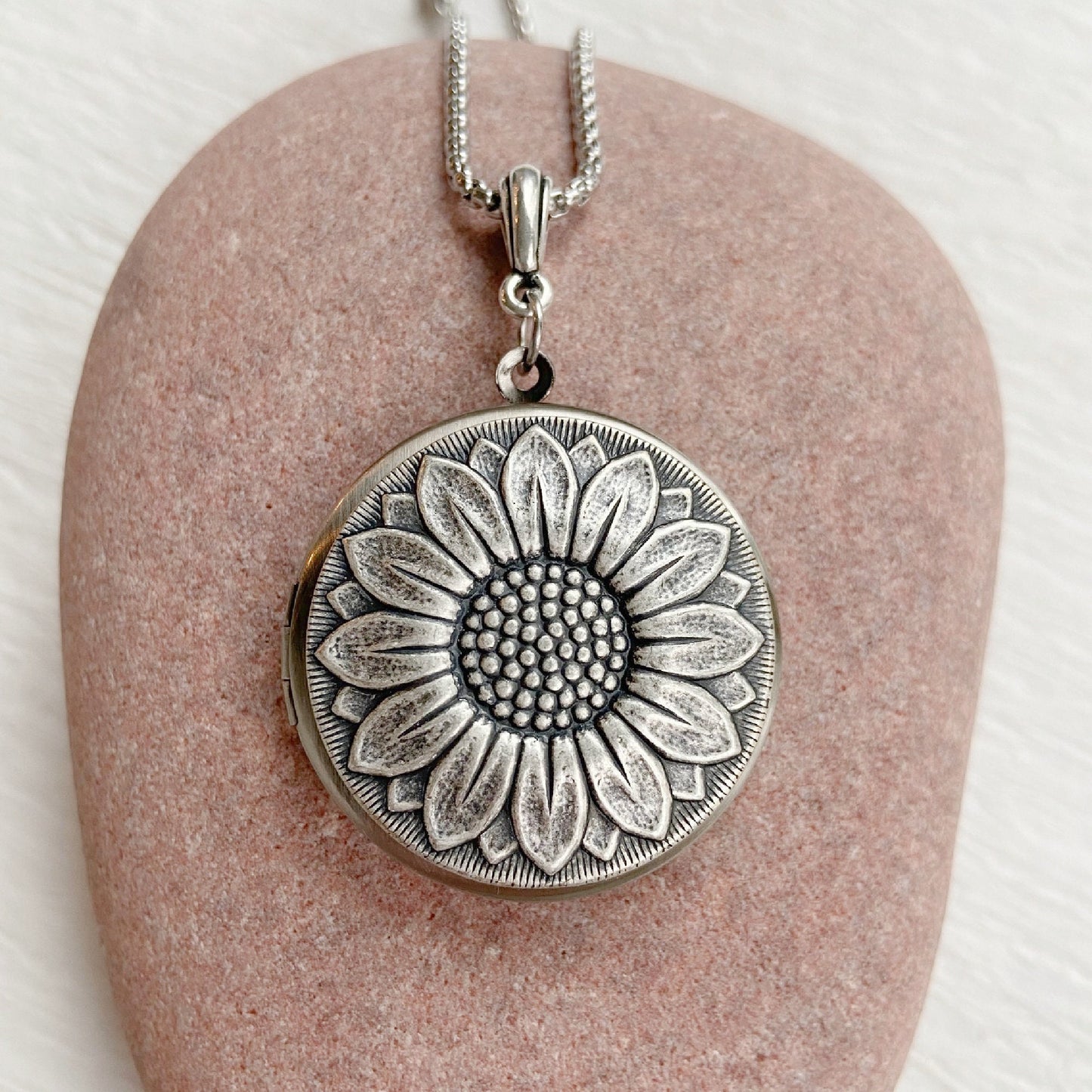 silver sunflower locket necklace