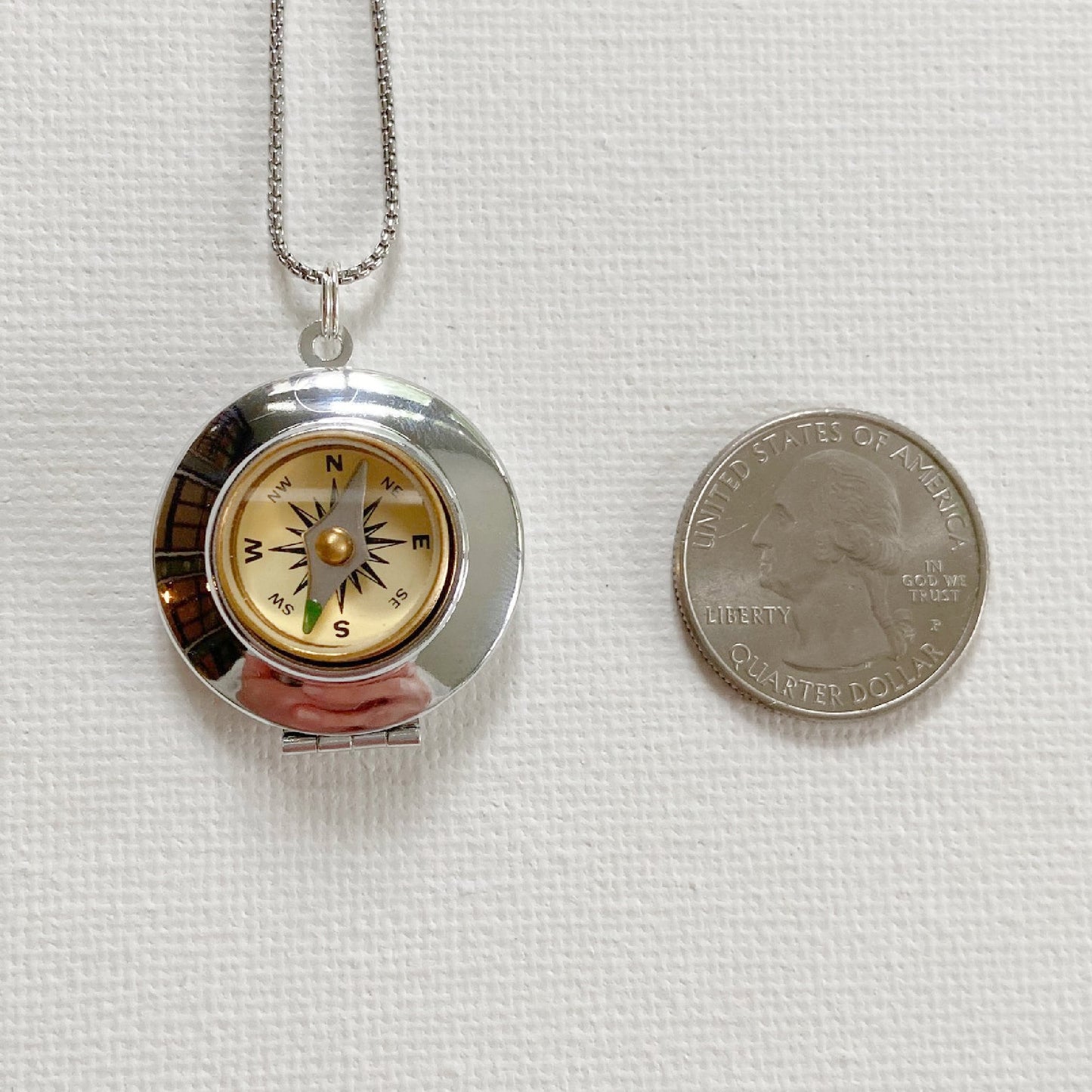 Silver Working Compass Locket Necklace, ivory face