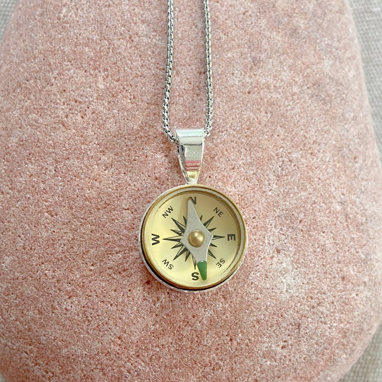Small Silver Working Compass Necklace, ivory face