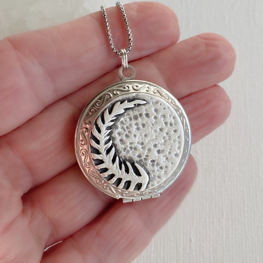 Fern locket, silver fern pendant necklace