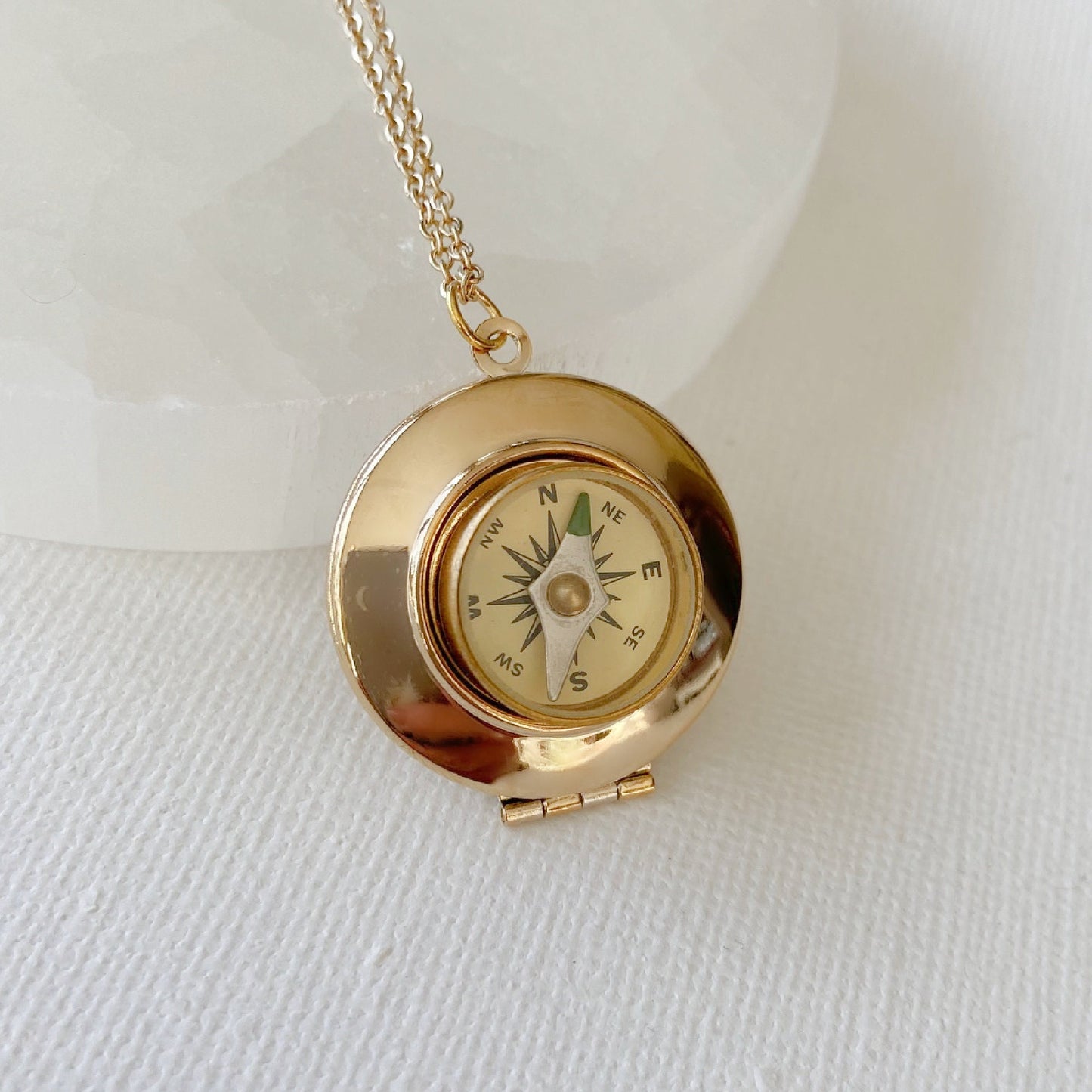 Gold Working Compass Locket Necklace