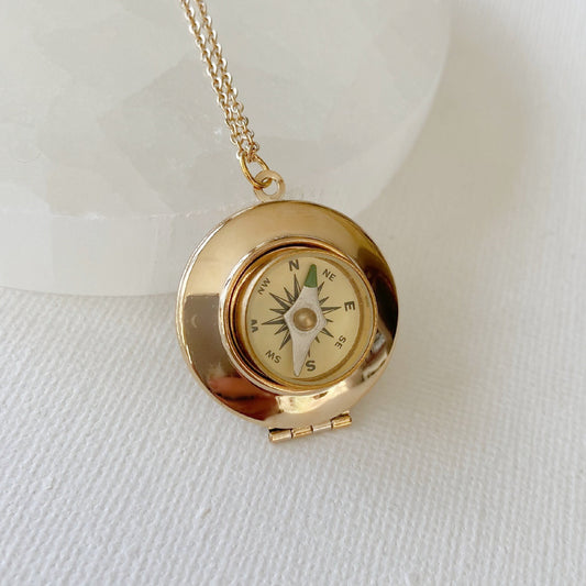 Gold Working Compass Locket Necklace