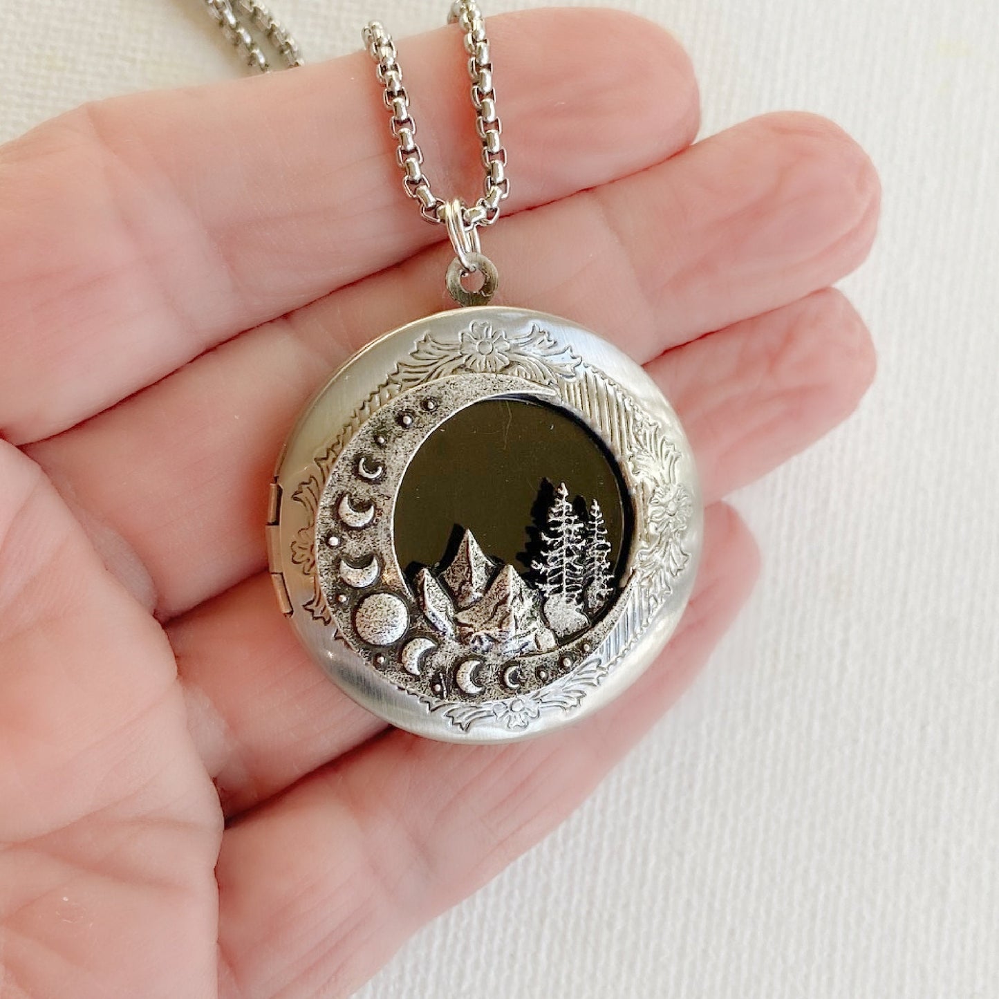 Silver Moon and Mountains Locket Necklace