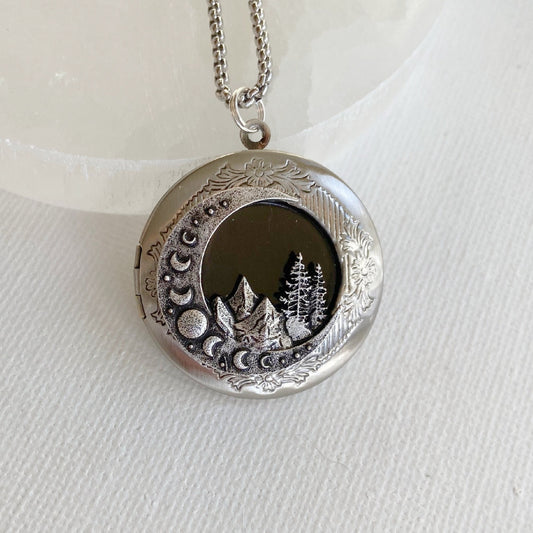 Silver Moon and Mountains Locket Necklace