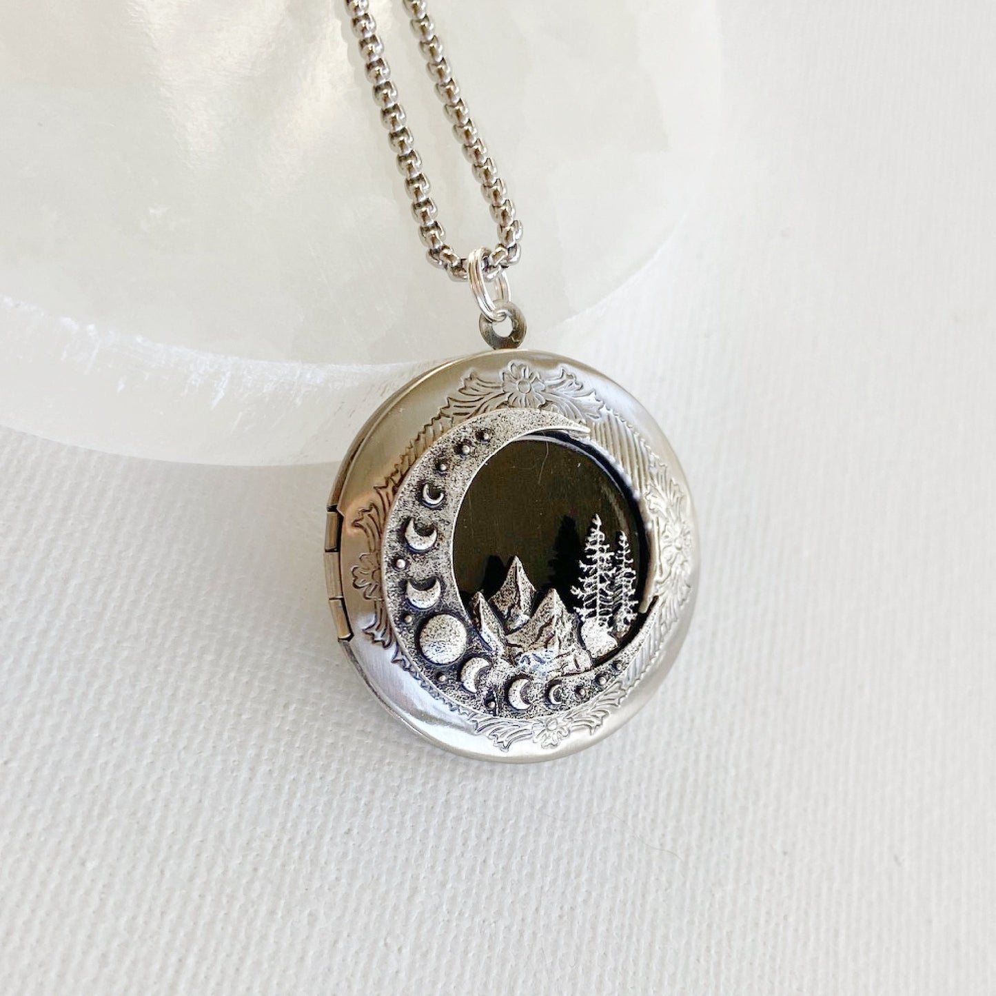 Silver Moon and Mountains Locket Necklace