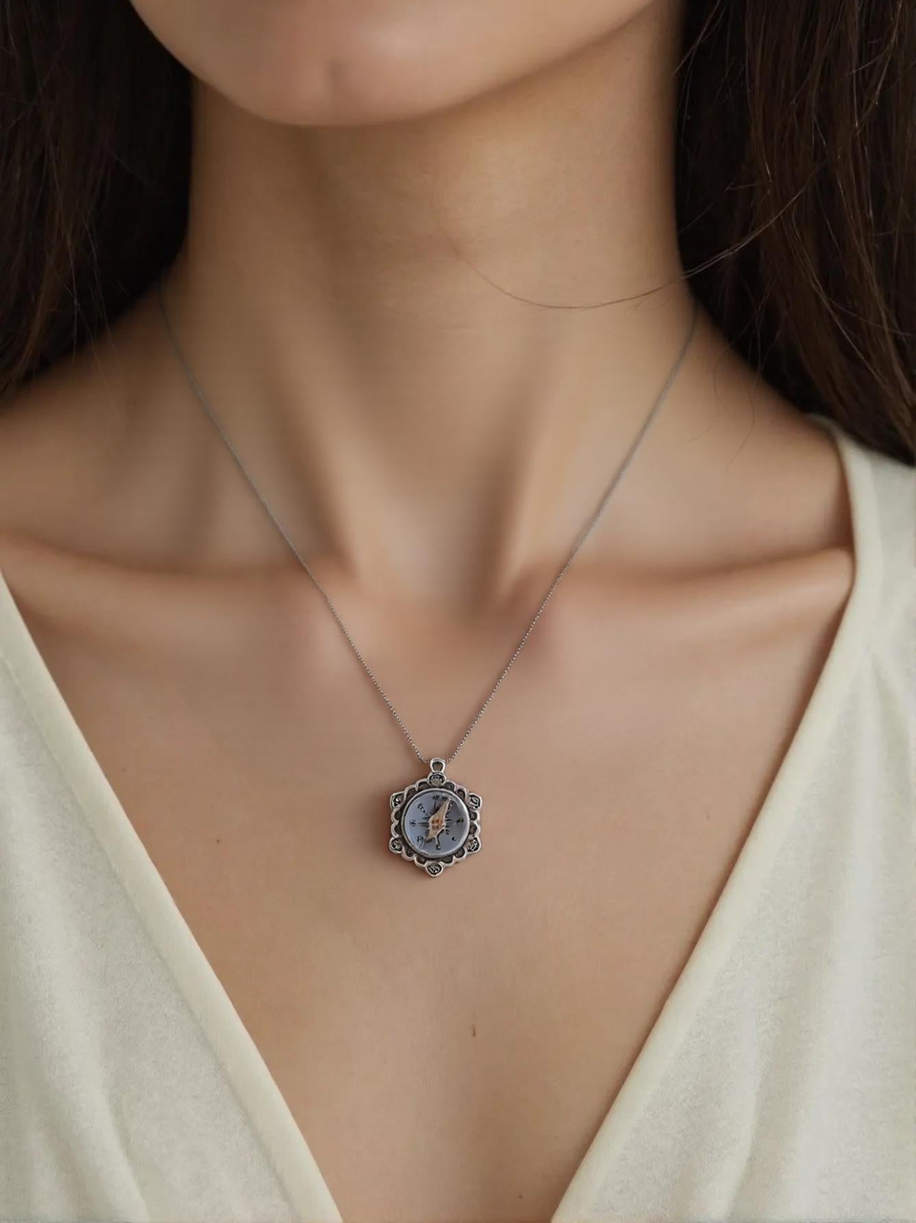 Silver Flower Working Compass Necklace, silver face