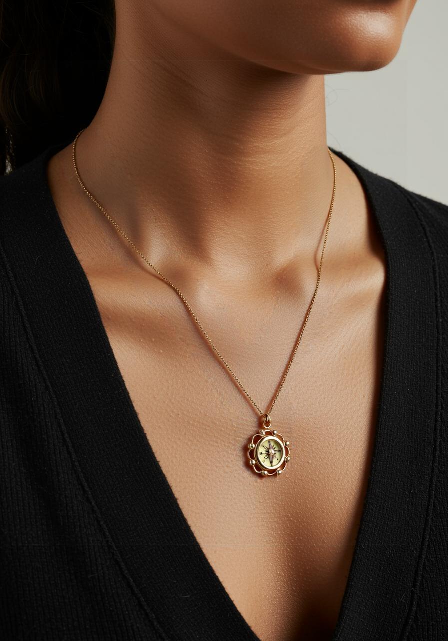 Gold Filigree Working Compass Necklace
