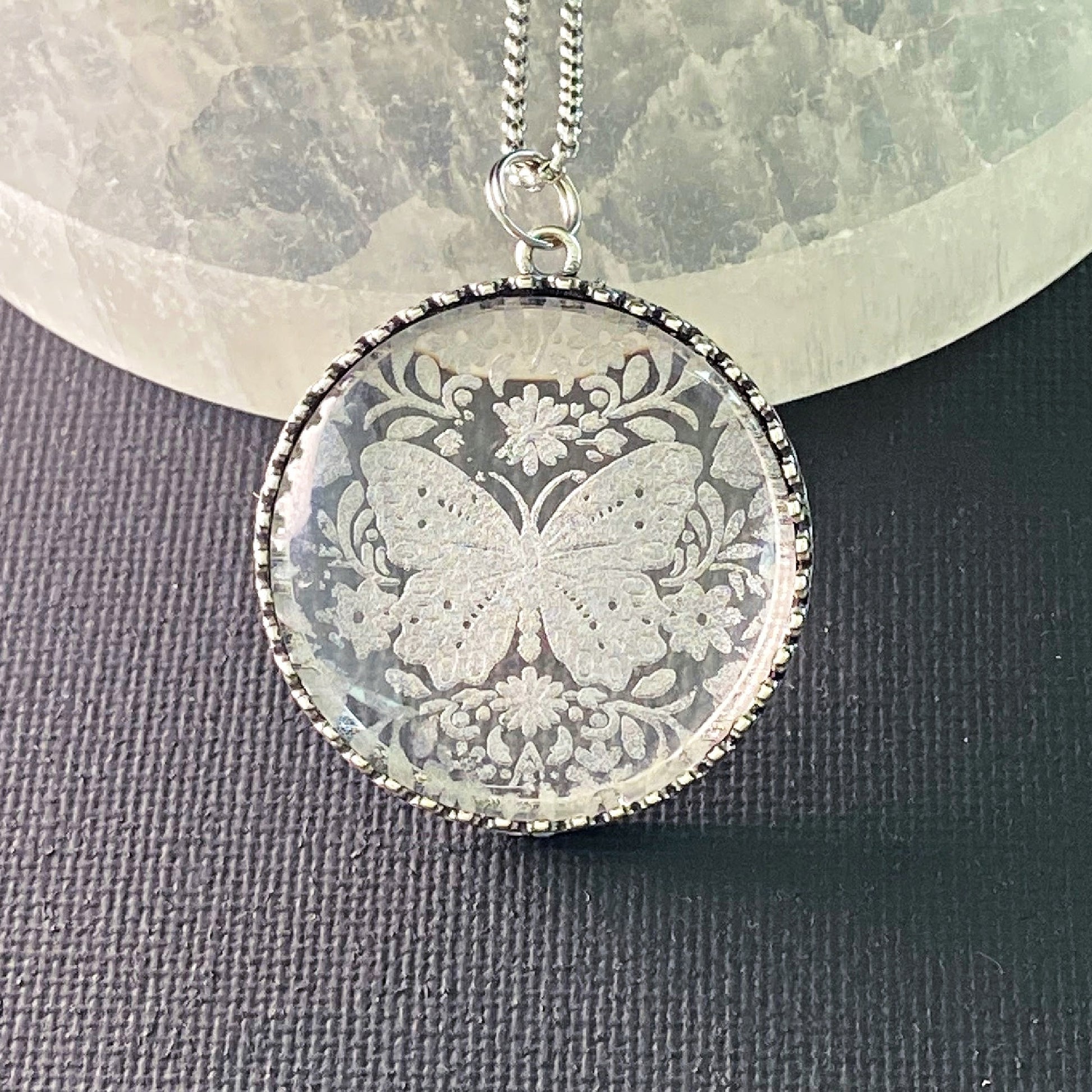 etched glass butterfly necklace, handmade glass pendant