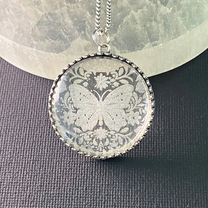 etched glass butterfly necklace, handmade glass pendant