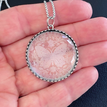 Etched Glass Butterfly Necklace with Silver Setting