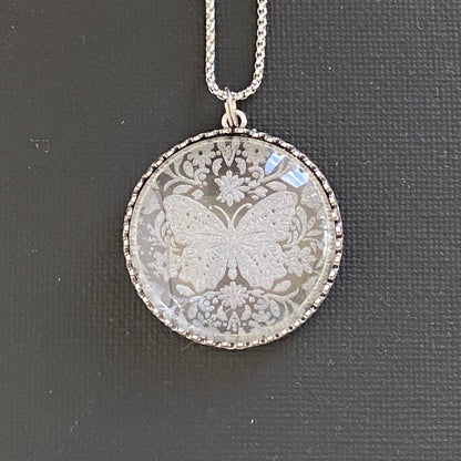 Etched Glass Butterfly Necklace with Silver Setting