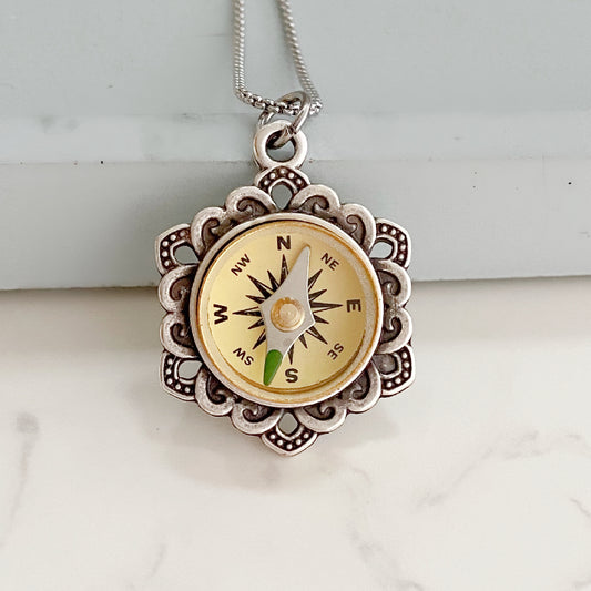 silver working compass necklace, flower compass, handmade jewelry