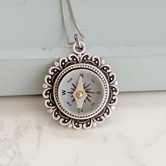 Filigree Silver Working Compass Necklace, silver face