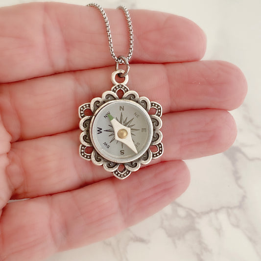 Silver Flower Working Compass Necklace, silver face