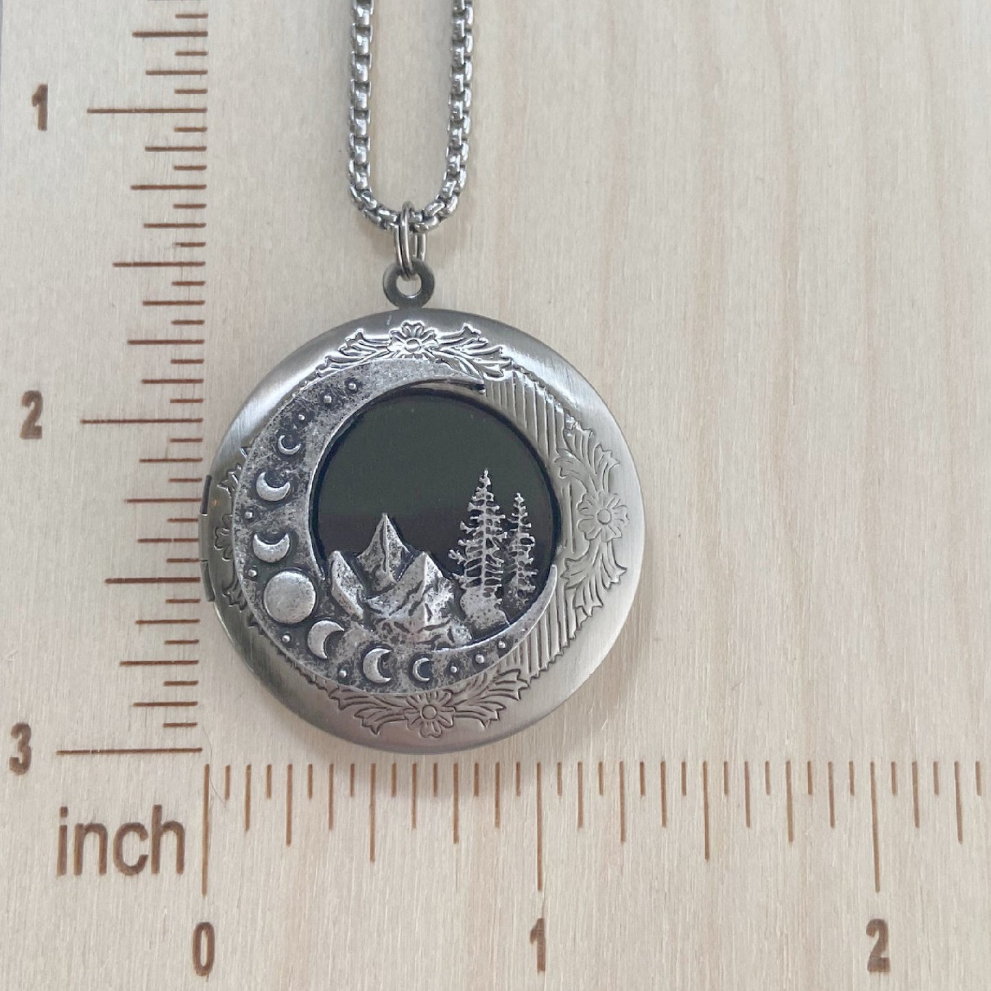 Silver Moon and Mountains Locket Necklace