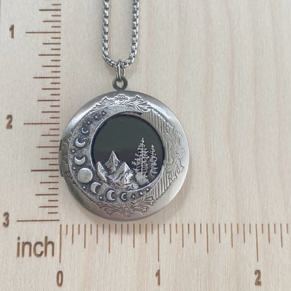 Silver Moon and Mountains Locket Necklace