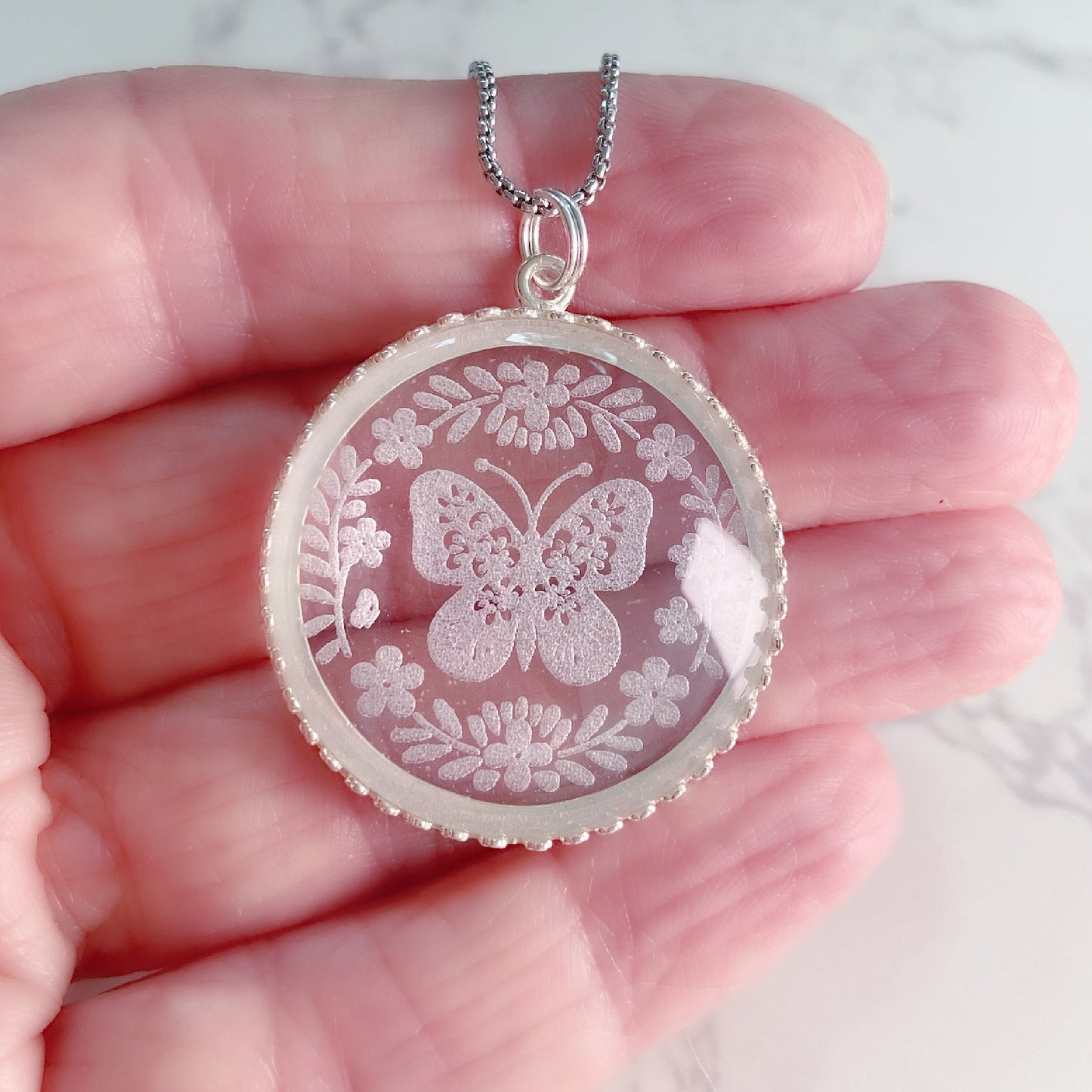 Etched Glass Butterfly Necklace, style 2