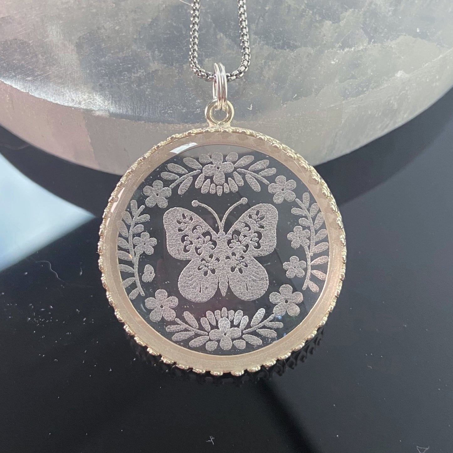 Etched Glass Butterfly Necklace, style 2