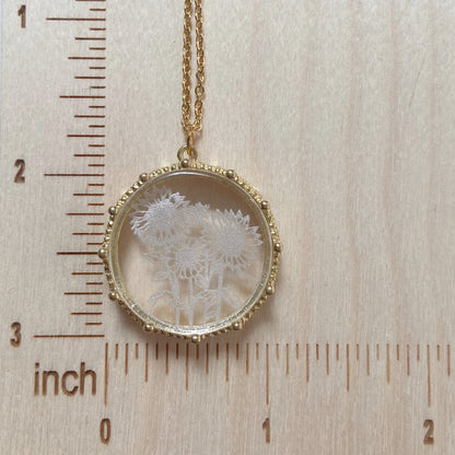 Gold Sunflower Etched Glass Necklace