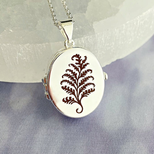 Silver Oval Locket, Fern Leaf