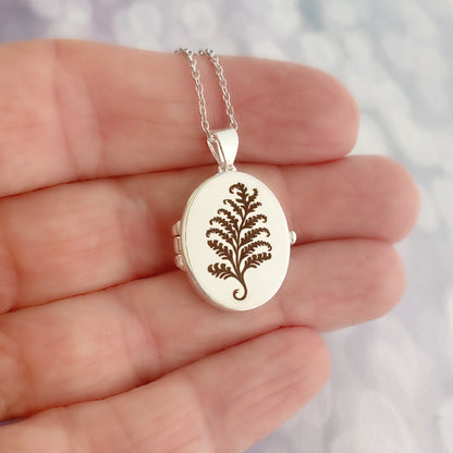 Silver Oval Locket, Fern Leaf
