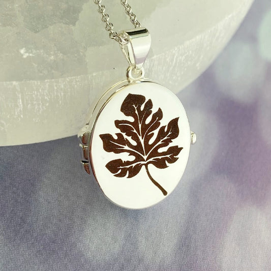 Silver Oval Locket, Oak Leaf