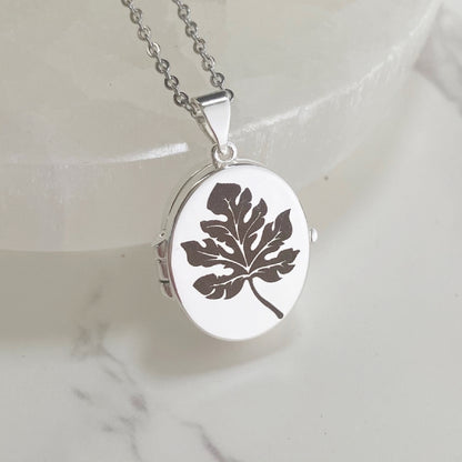 Silver Oval Locket, Oak Leaf