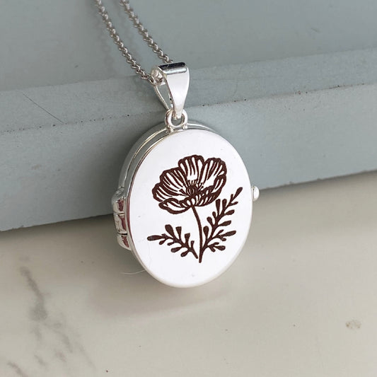 Silver Oval Locket, Cosmos Flower