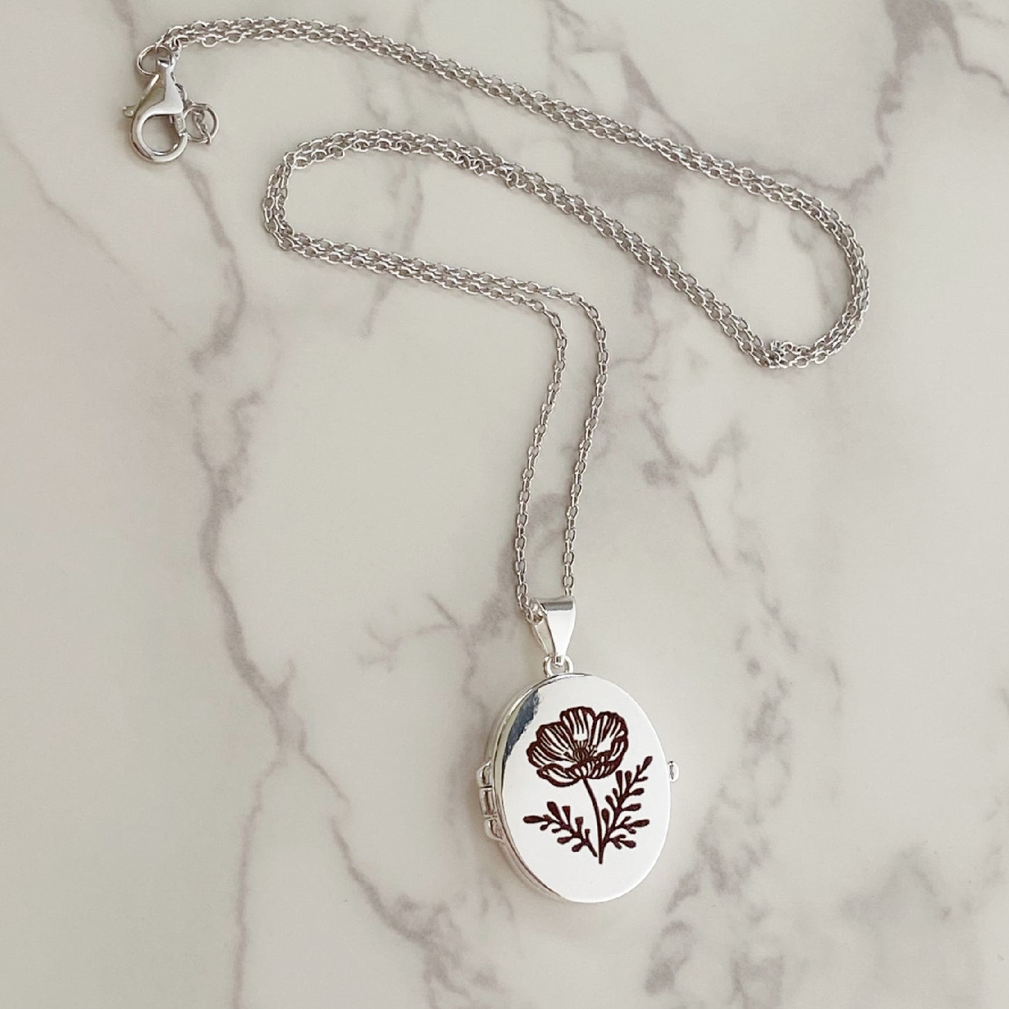 Silver Oval Locket, Cosmos Flower