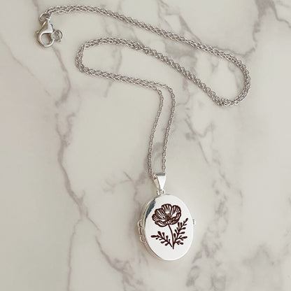 Silver Oval Locket, Cosmos Flower