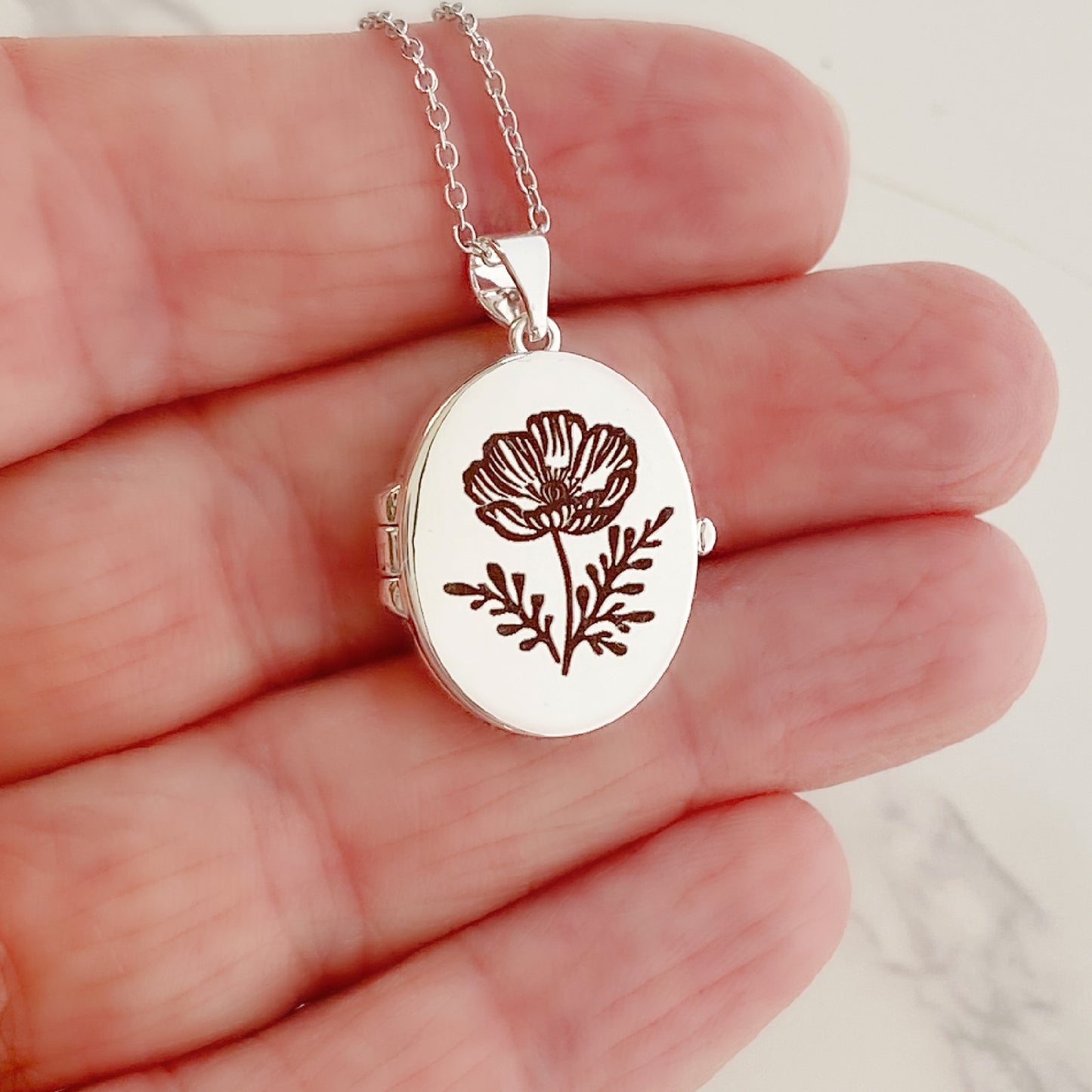 Silver Oval Locket, Cosmos Flower